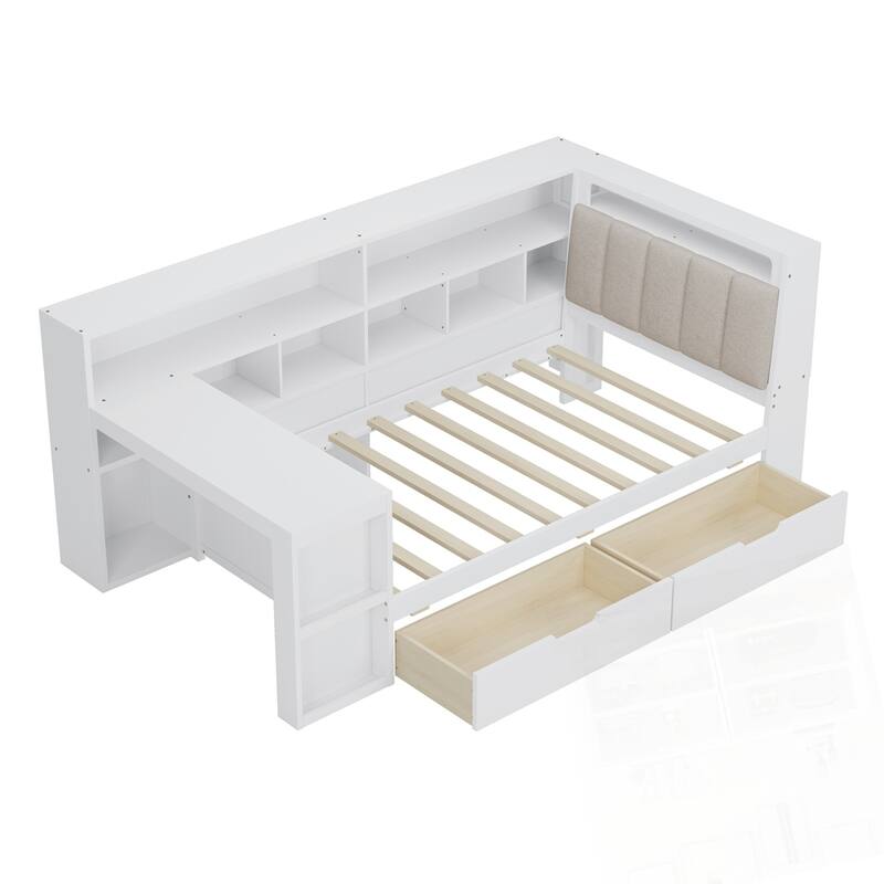 L-shaped Wooden Daybed with Desk and Storage Bookcase with Upholstered Headboard