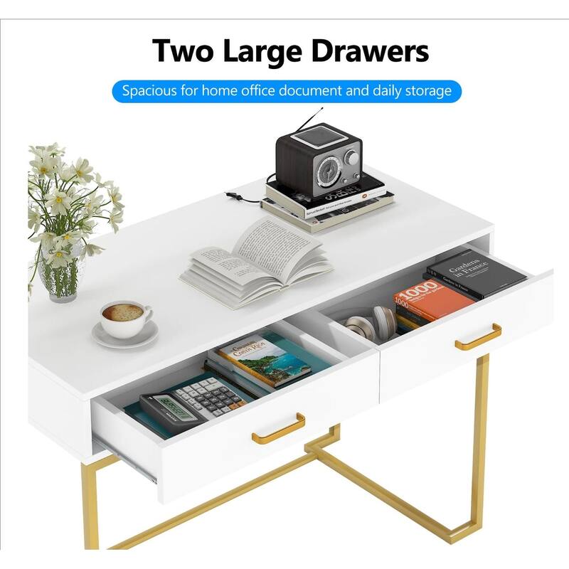 40" White and Gold Modern Computer Desk with 2 Drawers