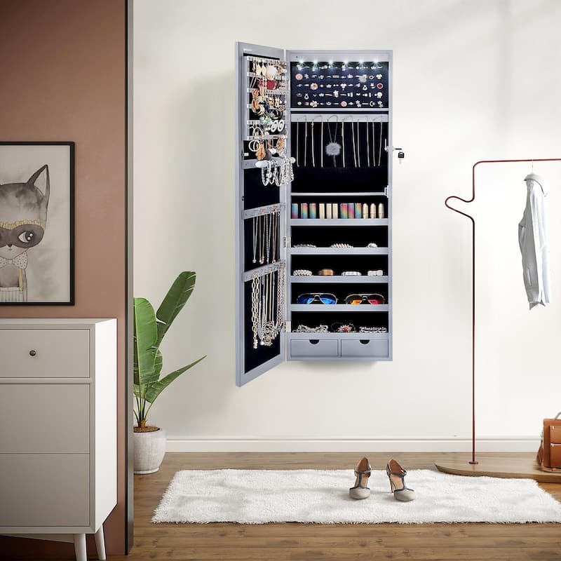 Grey Lockable Wall Door Mounted Jewelry Armoire with 6 LED Lights and Full-Length Mirror - 14.5"L x 3.9"W x 47.3"H