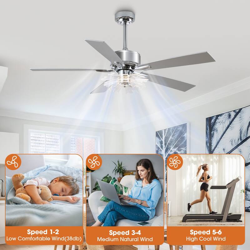 52" Chrome Reversible 5-Blade Modern LED Ceiling Fan with Light and Remote