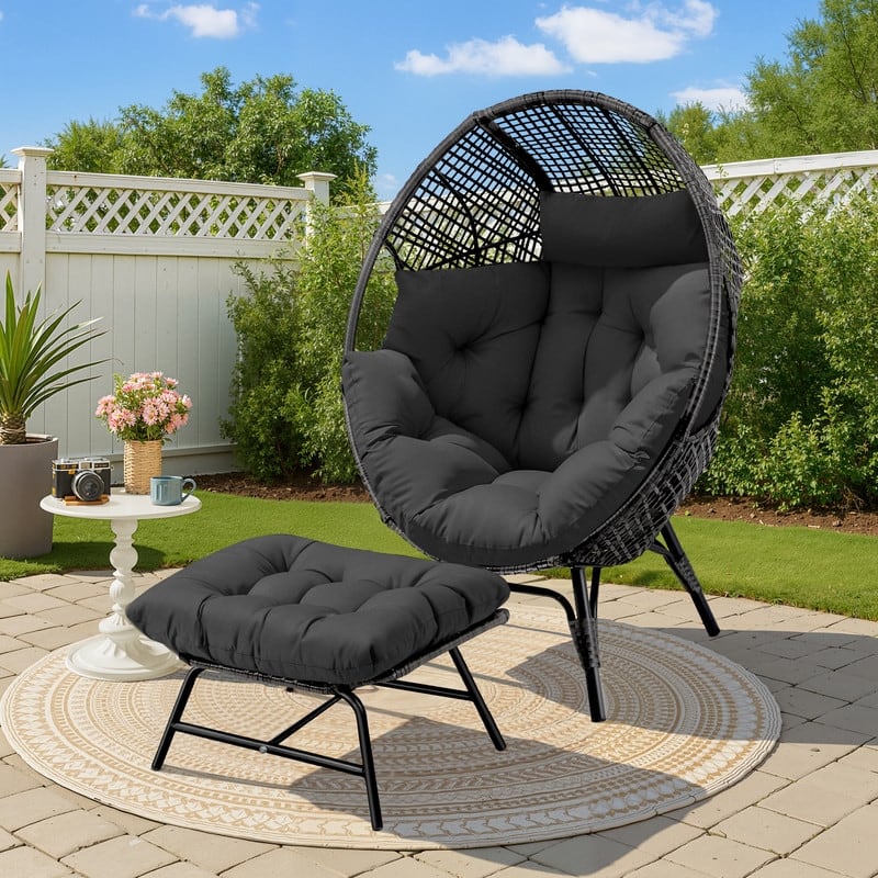 FINCATI Outdoor Wicker Egg Chair Set with Ottoman, Deep Seating, 440 lbs Capacity