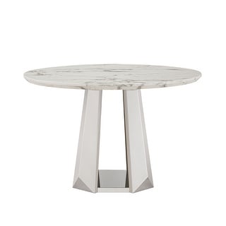 47" Round Dining Table with Faux Marble Tabletop and Stainless Steel ...