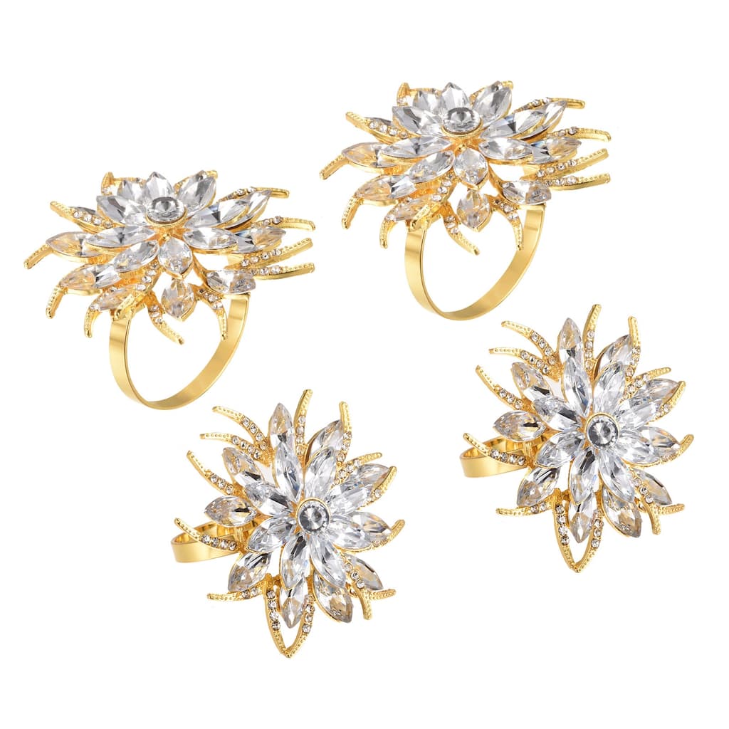 Metal Napkin Rings, 4pcs Crystal Flower Napkin Ring Holder Set, Gold Tone - Gold Tone - 38mm