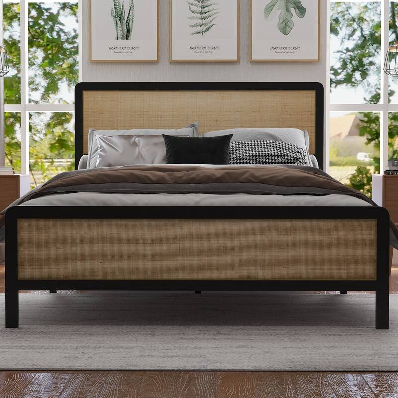 Platform Bed, Boho Cane Bed, Natural Rattan Headboard and Footboard