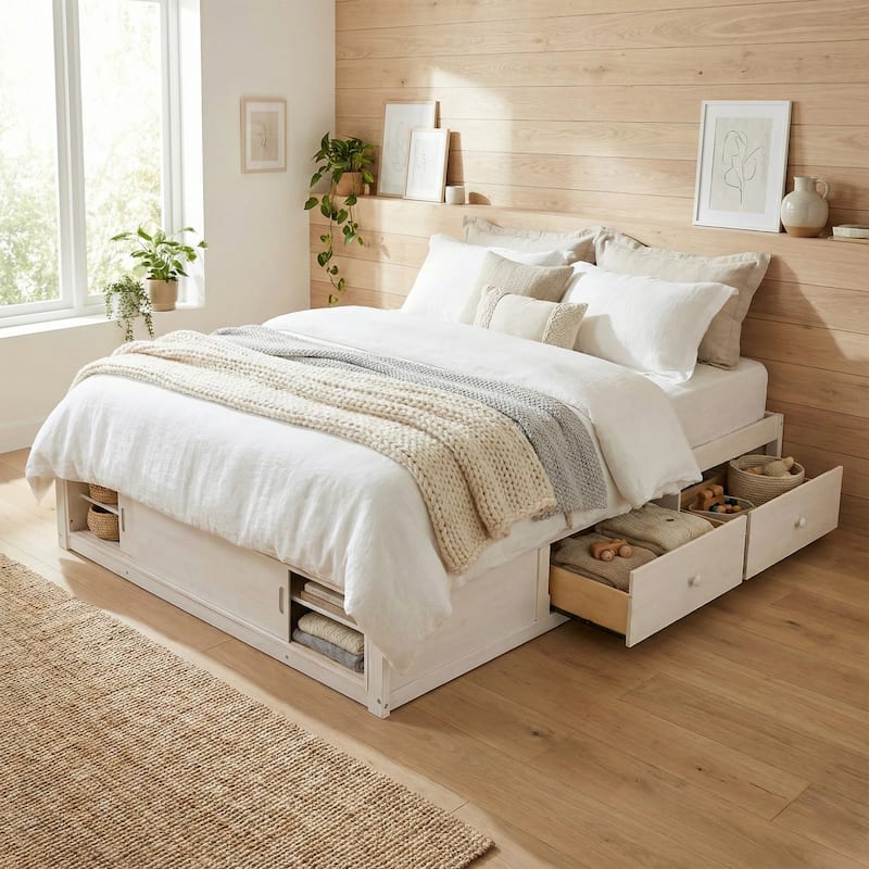Queen Size Platform Bed Frame with 4 Storage Drawers & Footboard Cubby by Harper&Bright Designs - Antique White