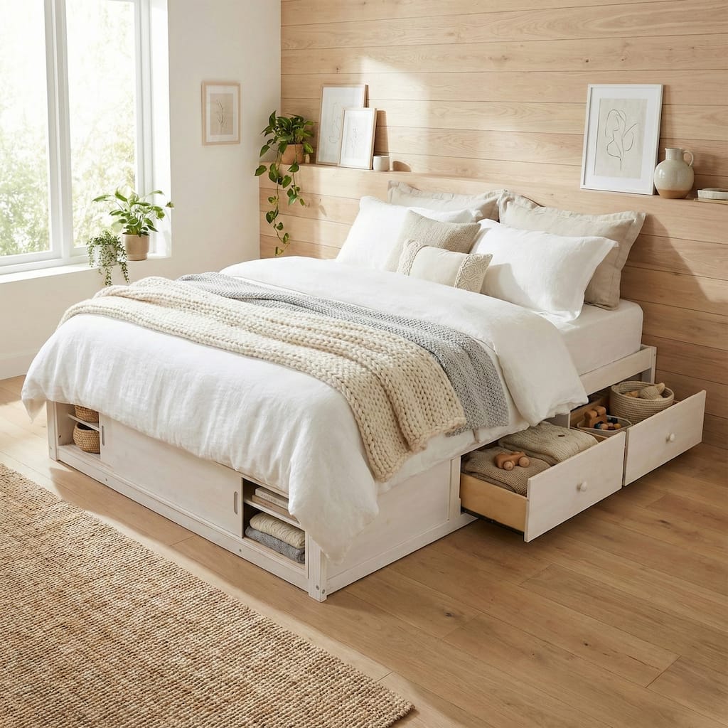 Queen Size Platform Bed Frame with 4 Storage Drawers & Footboard Cubby by Harper&Bright Designs