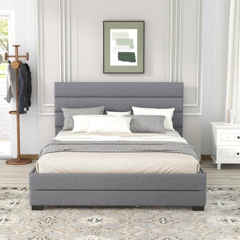 Upholstered Queen Size Platform Bed with 2 Storage Drawers and Twin Trundle Bed, Wood Queen Bed Frame with Linen Fabric