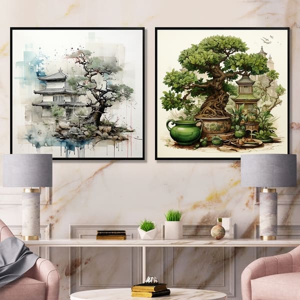Designart "Bonsai Temple Japan Harmony I" Tree Bonsai Framed Art Set Of 2  Modern Wall Art Set Green Wall Decor 2 Pieces - Bed Bath & Beyond - 41743375
