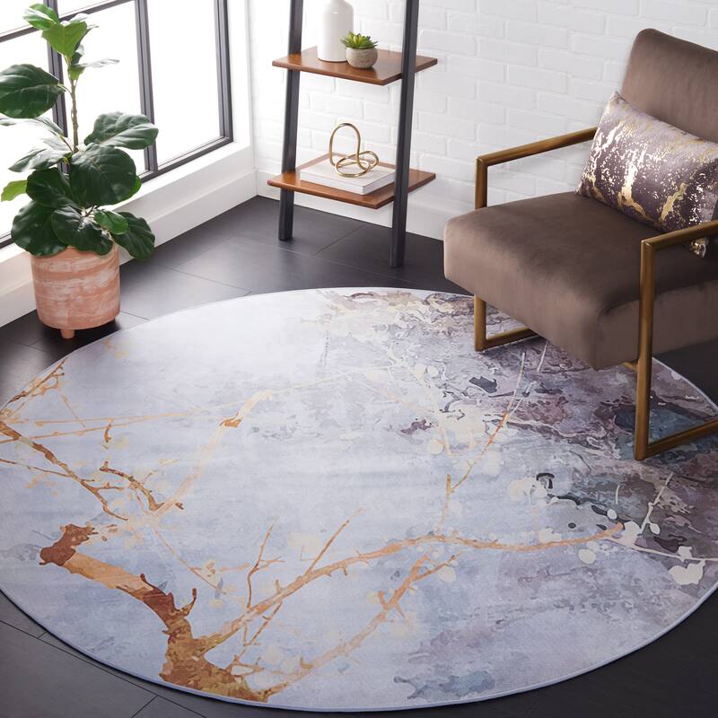 SAFAVIEH Tacoma Machine Washable Slip Resistant Sula Modern Abstract - 6' x 6' Round - Grey/Beige - Round