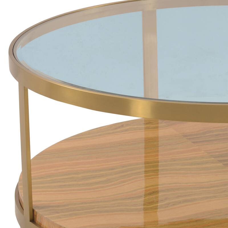 Hattie Gold Metal Glass Top 43" Round Coffee Table with Shelf