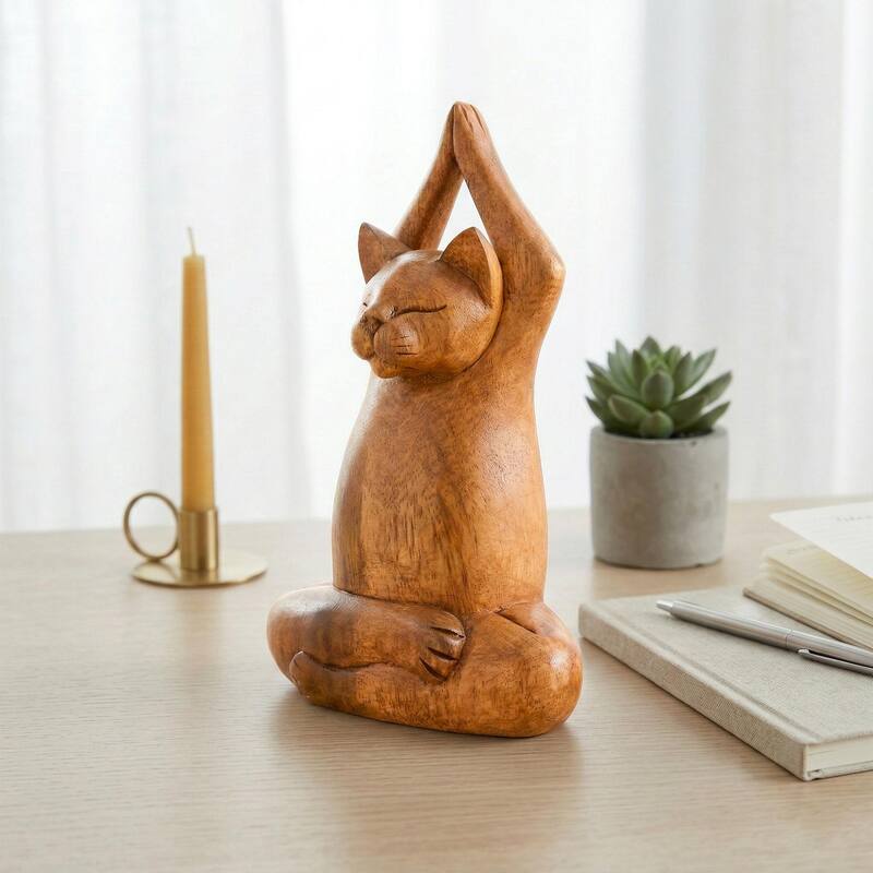 8" Wooden Handmade Hand Carved Yoga Lotus Pose Cat Sculpture Statue Home Decor - 8" tall x 4" wide x 3" deep
