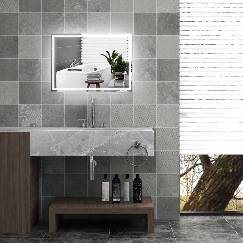 Silver LED Bathroom Wall Mirror with Touch Switch and Outline Lighting - 31.5" L x 23.5" W x 1.5" D