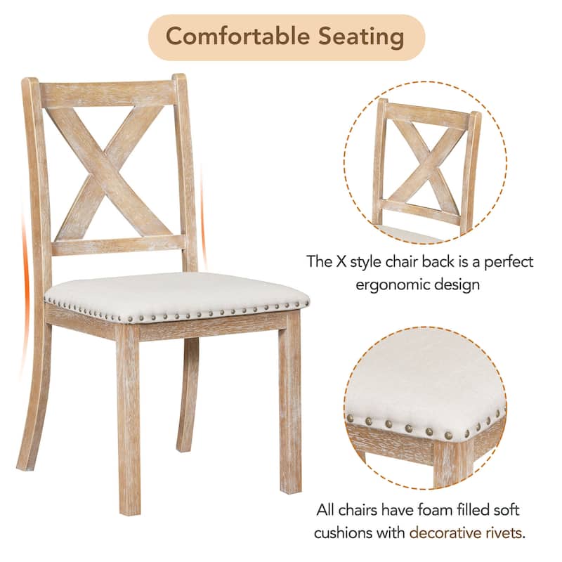 Rustic 6-Piece Dining Table Set with Removable Leaves, Padded Bench and X-Back Chairs, Seats 6