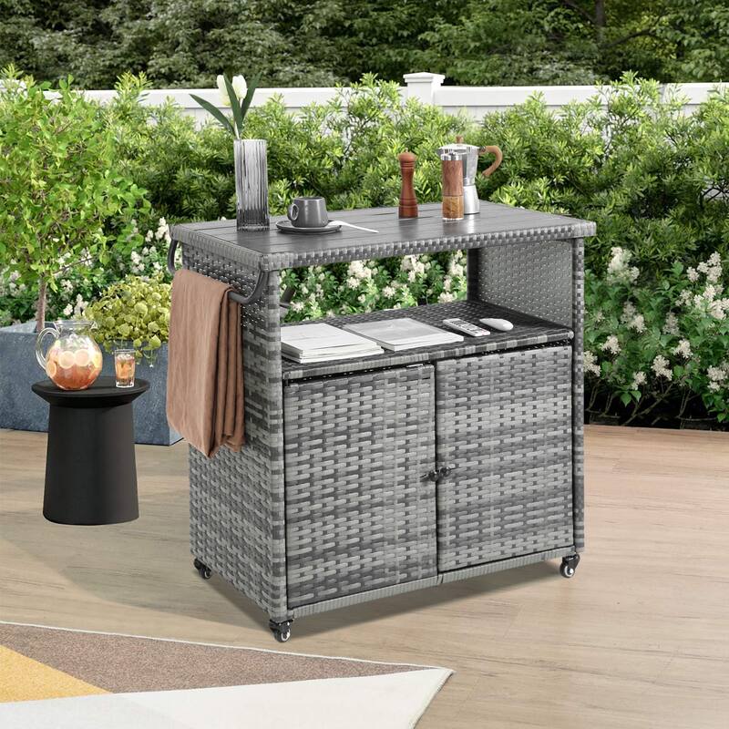Outdoor Wicker Bar Cart,Patio Wine Serving Cart Wheels,Rolling Rattan Beverage Bar Counter Table Glass Top - Aqua Grey