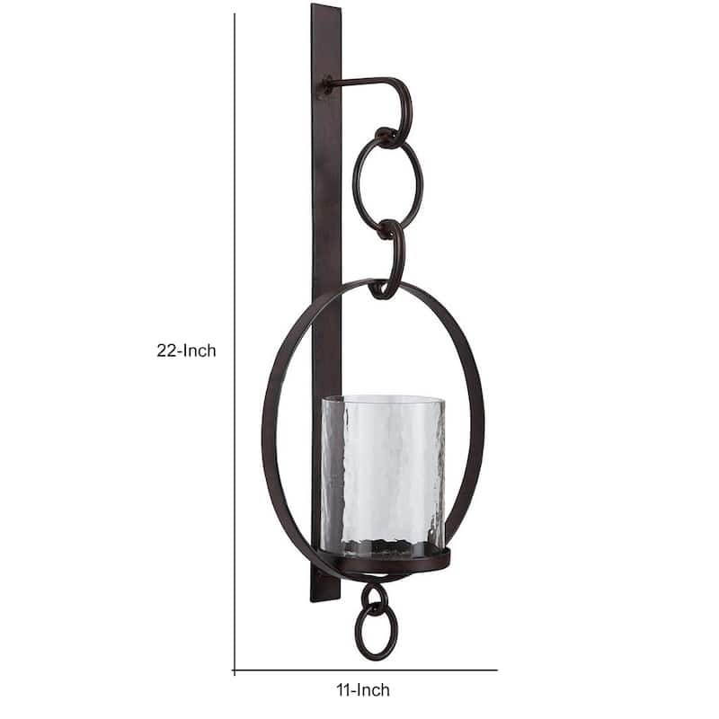 Metal Wall Sconce with Glass Hurricane and Chain Design Holder, Black