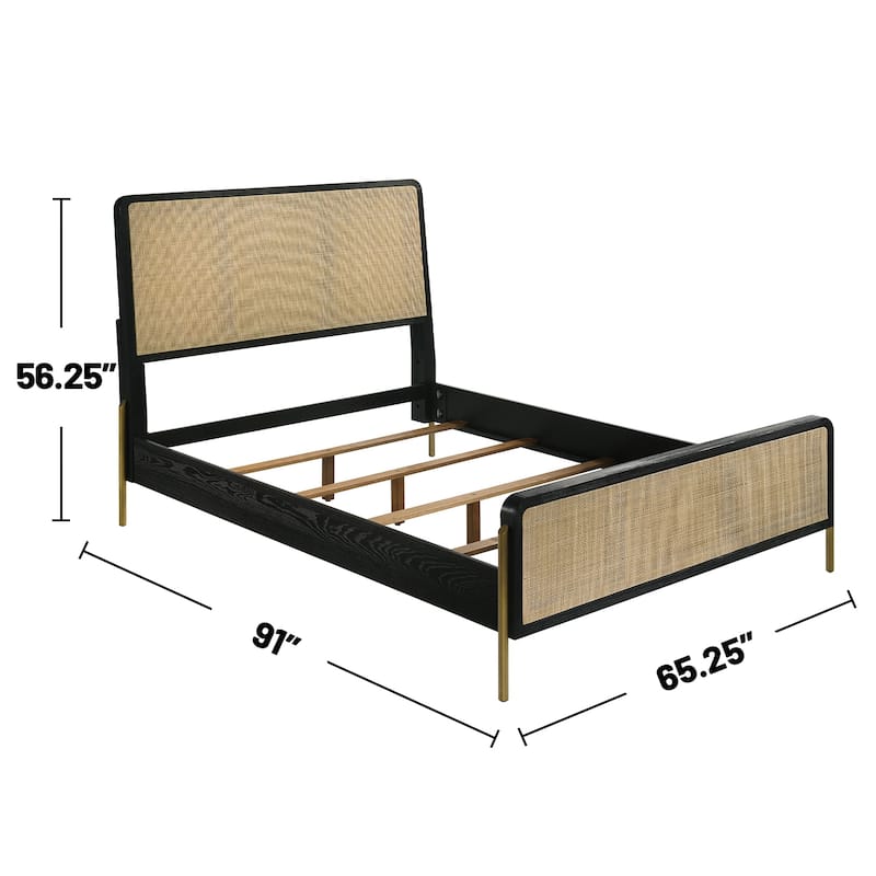 Woven Rattan Panel Bed with Metal Legs in Black and Natural
