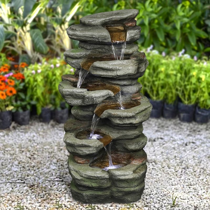 30.7-Inch Outdoor Water Fountain Rock Waterfall Feature w/Led Lights - Polyresin - Floor/Lighted - Grey