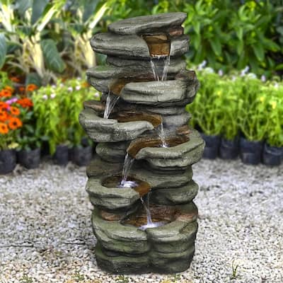 30.7-Inch Outdoor Water Fountain Rock Waterfall Feature w/Led Lights