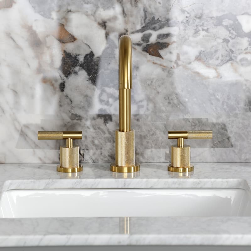 Kingston Brass Convergent Two-Handle 3-Hole Deck Mount Widespread Bathroom Faucet with Knurled Handle and Brass Pop-Up Drain