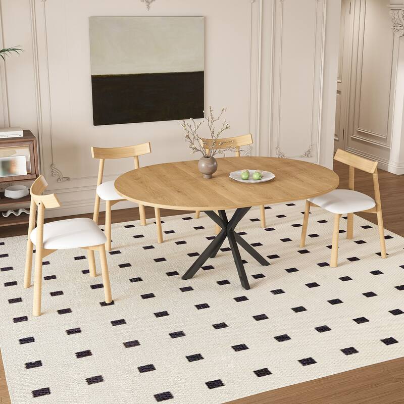 Extendable Round Dining Table Set for 2-6: 43" to 58" Oak Finish Expandable Table with Carbon Steel Base & Wood Chairs