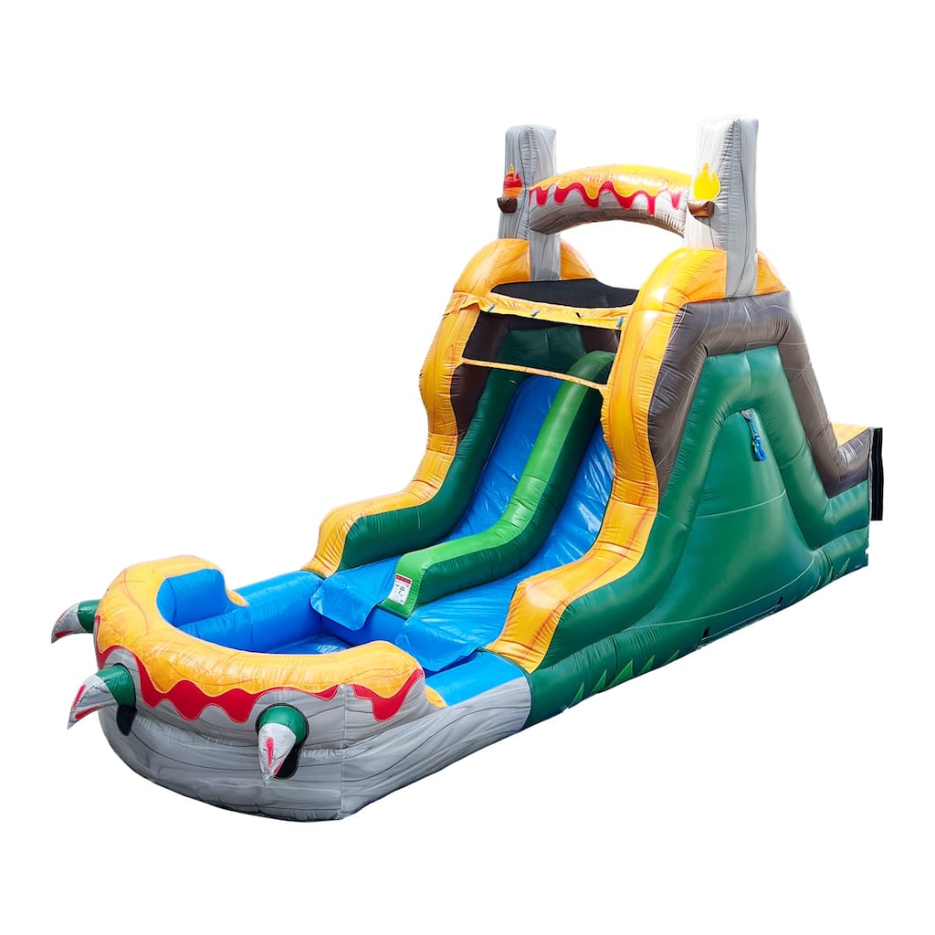 HeroKiddo T-Rex Adventure 12' Tall Dual Lane Inflatable Water Slide with Pool, Commercial PVC, Kids and Adults, Blower Included