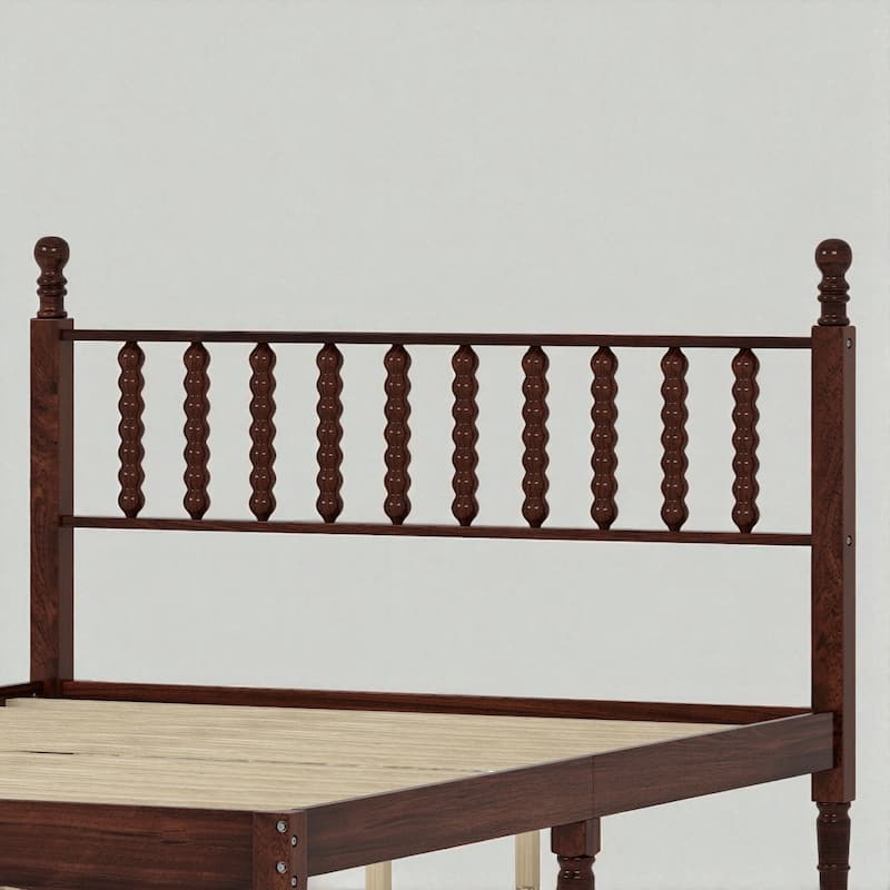 Queen Size Retro Wood Platform Bed with Gourd Shaped Headboard and Wooden Slats