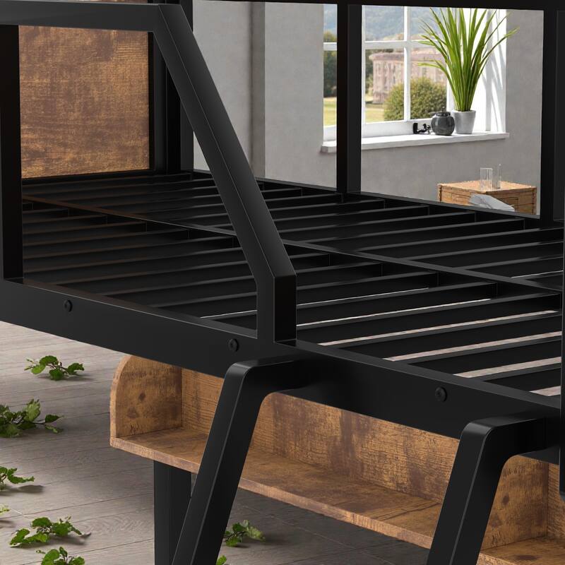 Space-Saving Metal Bunk Bed with Shelves, LED Strip Lighting, Guardrails and Woodgrain Panels, Multiple Size Options