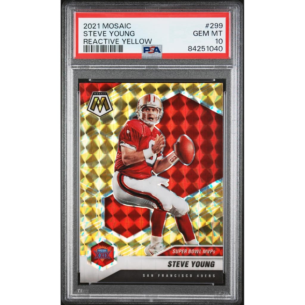 Steve Young 2021 Panini Mosaic Reactive Yellow Football Card #299 Graded PSA 10 - 8'6" x 11'6"