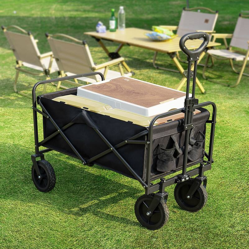Foldable Picnic Wagon Cart with Drink Holders, Large Capacity Utility Cart for Outdoors, Shopping, and Travel