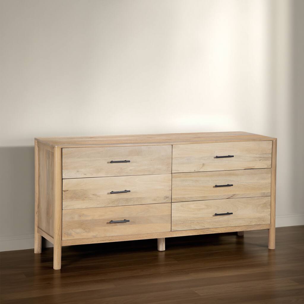 Geti 6 Drawers, 66 Inch Wide Dresser, Handcrafted Natural Oak White Mango Wood, Black Handles