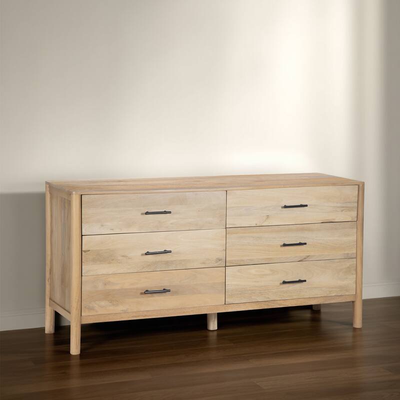 Geti 6 Drawers, 66 Inch Wide Dresser, Handcrafted Natural Oak White Mango Wood, Black Handles - Natural Oak White, Black