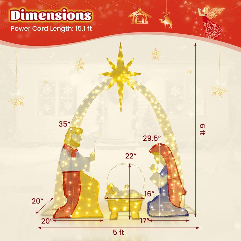 Gymax 6 Ft Outdoor Lighted Nativity Scene w/240 Warm White LED Lights - Multi-Color