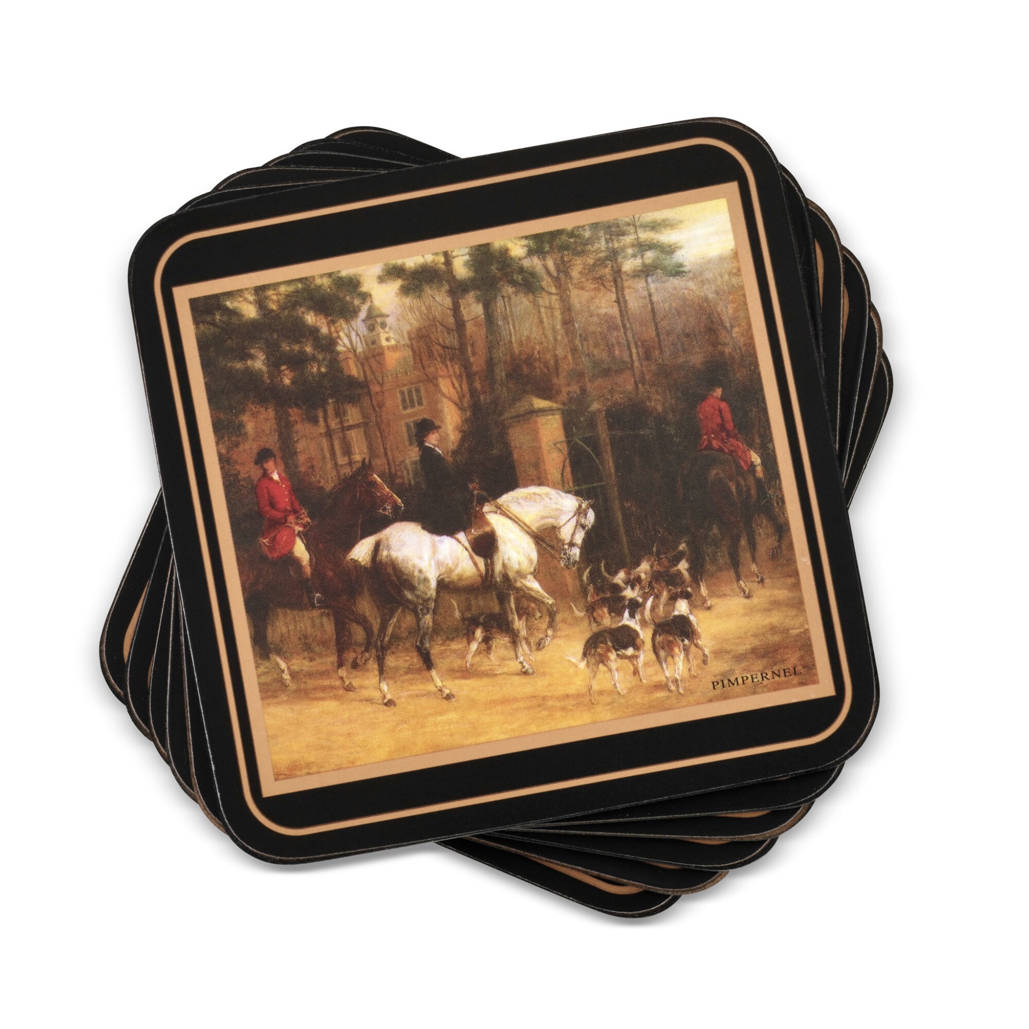 Pimpernel Tally Ho Cork Coaster Set of 6 Square Hunting Scene Heat Stain Resistant - 4 Inches Sq.