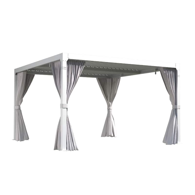Outdoor Louvered Pergola, Outdoor Patio Hardtop Gazebo, Adjustable Metal Roof Curtains and Netting Included