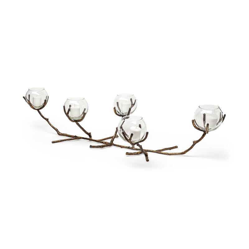 Vine I Distressed Silver Metal Creeper Five Candle Table Candle Holder - 30.0L x 12.0W x 9.0H - Gold