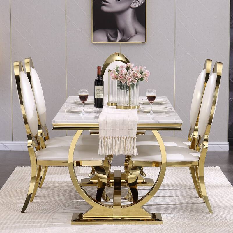 Luxury White PU Leather Dining Chairs with Polished Gold Cabriole Legs