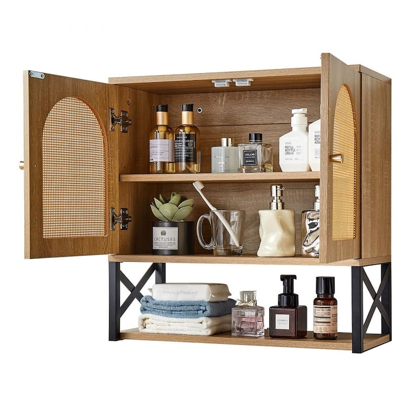 Natural Bathroom Wall Cabinet with Adjustable Shelf 3-Layer Storage for Bottles or Toiletries - 23” x 10” x 23”