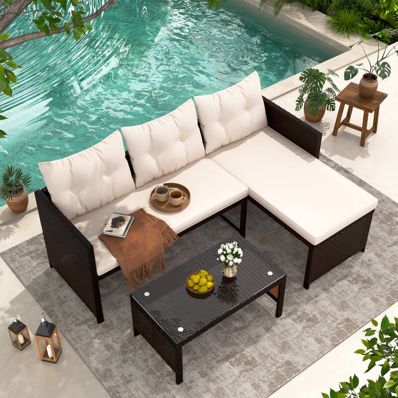 EROMMY 3-Piece Outdoor Patio Furniture Set, All-Weather PE Rattan Sofa Set with Glass Table & Cushions, Perfect for Balcony - Khaki
