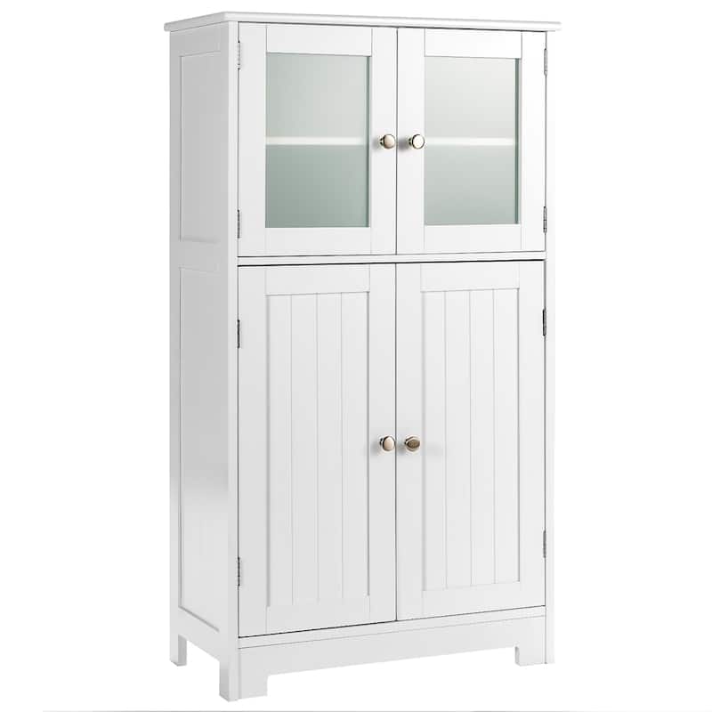 Bathroom Floor Cabinet Freestanding Storage Cabinet with 4 Glass Doors - White