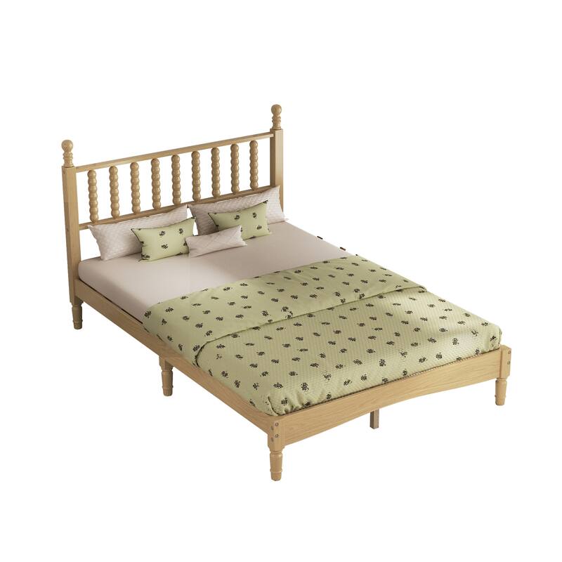 Retro Style Wood Low Profile Platform Bed with Wooden Slat Support and Gourd Shaped Headboard, No Box Spring Needed