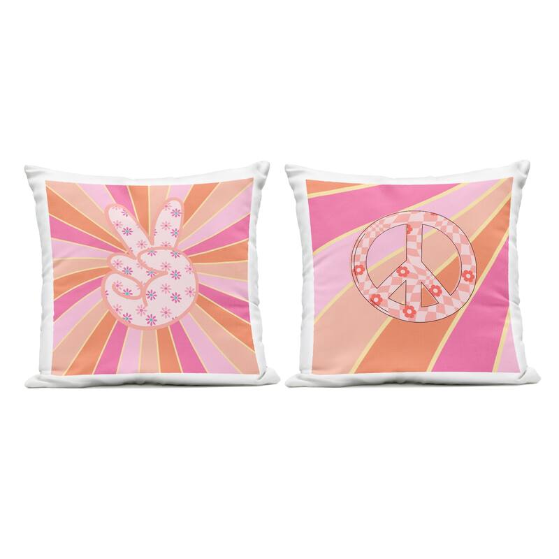 Stupell Groovy Peace Symbols Printed Outdoor Throw Pillow Design by Jesse Keith (Set of 2) - Pillow Sets - Polyester - Pink - Set of 2