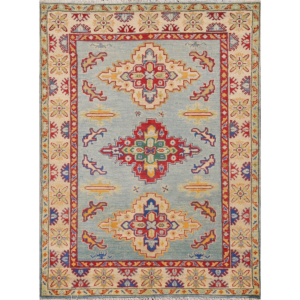 Light Blue Geometric Kazak Accent Rug Handmade Wool Carpet - 3'6"x 4'9"