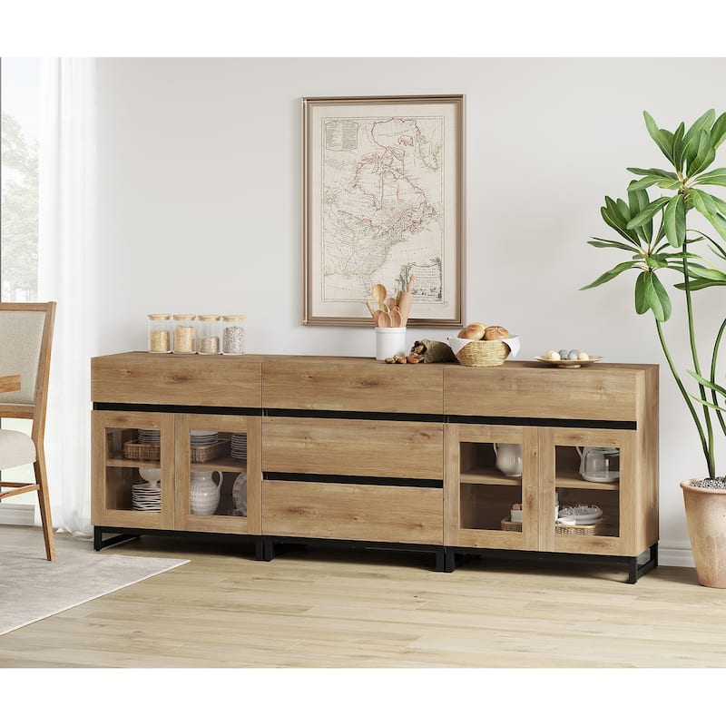 WAMPAT 3 in 1 Multifunctional Sideboard Buffet Cabinets with Glass Doors and 5 Drawers for Living Room, Kitchen - 94.5 inches - Oak
