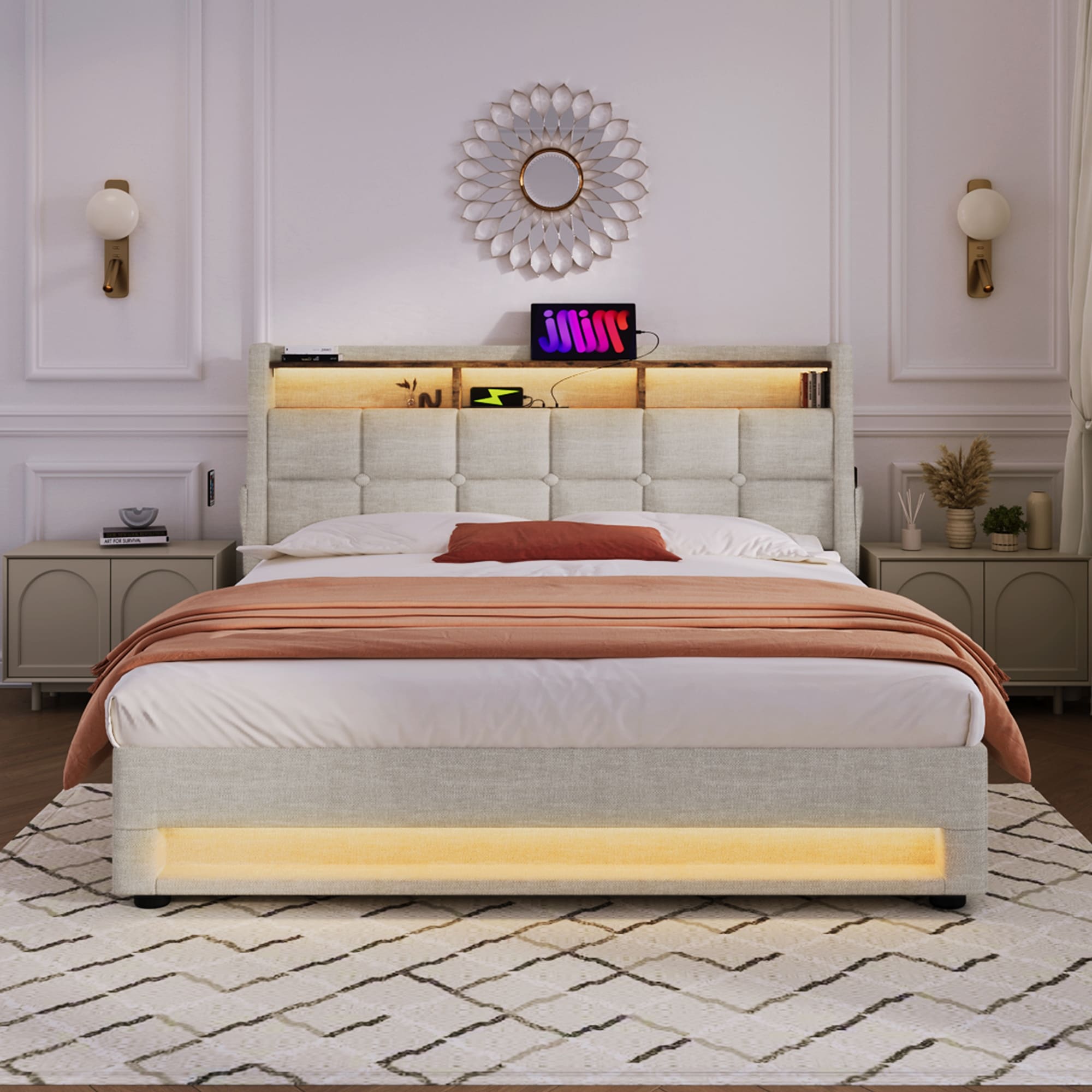 Queen Storage Bed LED Platform Bed with USB Poarts - Natural