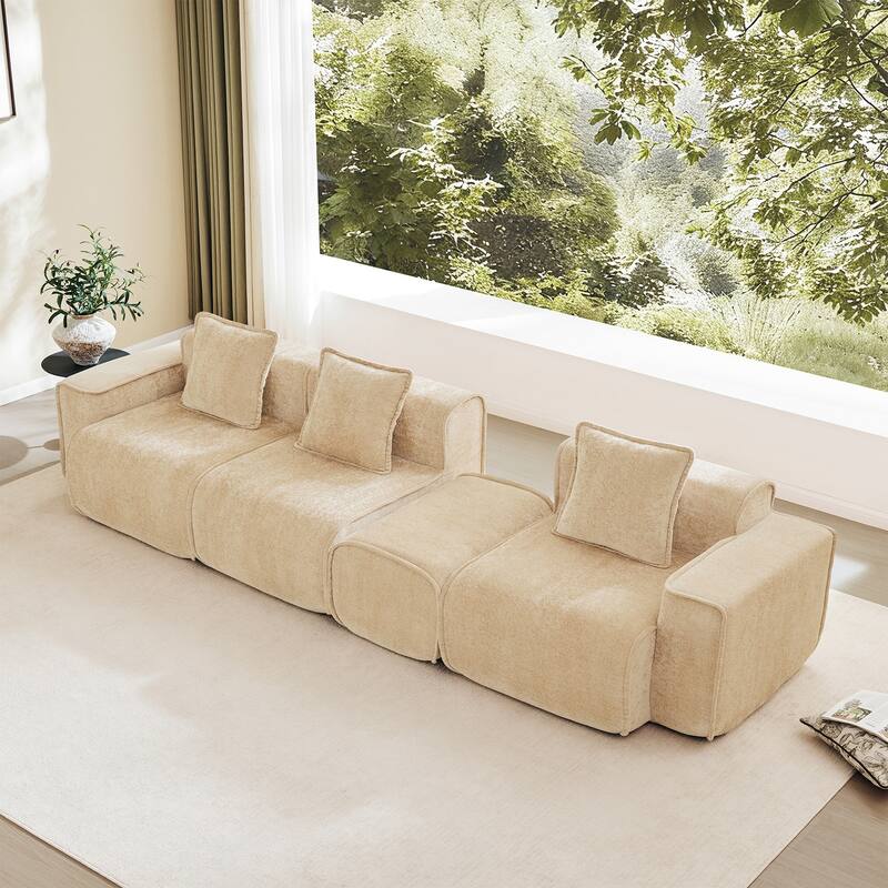 Streamlined Design Modular 3 Seat L Shape Boneless Velvet Fabric Sofa with 1 Movable Ottoman - 8' x 10'