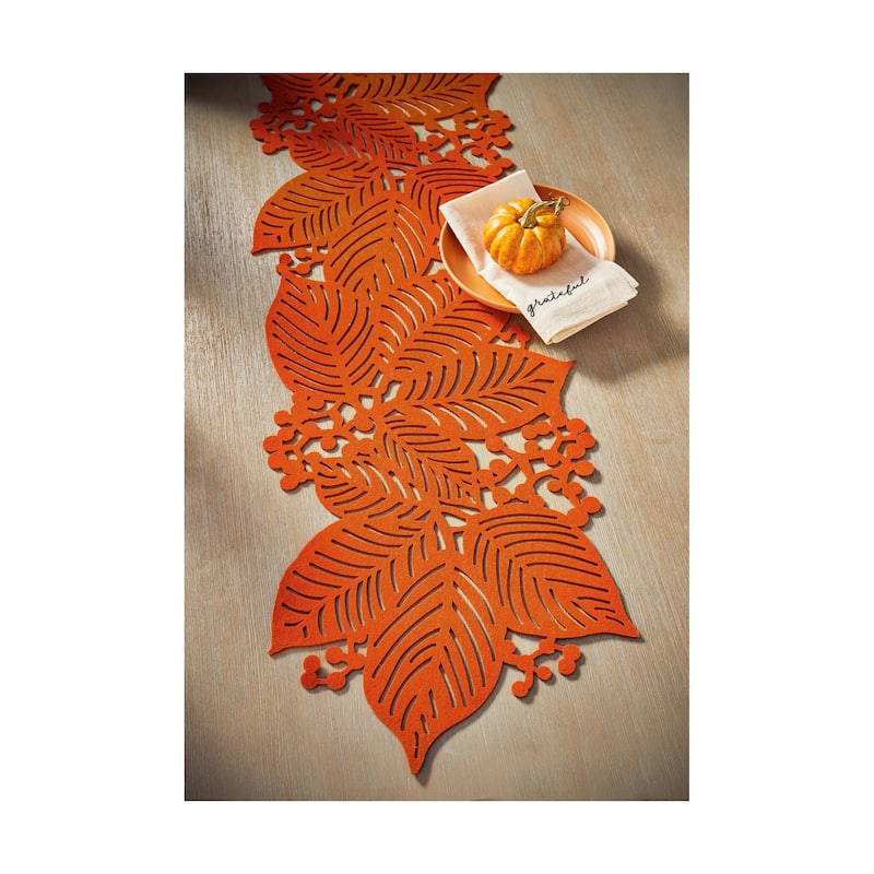 Leaf Berry Table Runner - Terracotta Orange Polyester for Fall Harvest Decor - 12" H x 72" L x 15.5" W - Spot Clean
