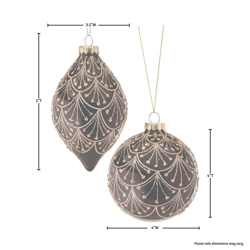 6ct Black and Gold Glittered Art Deco Glass Ball/Finial Christmas Ornaments 4"