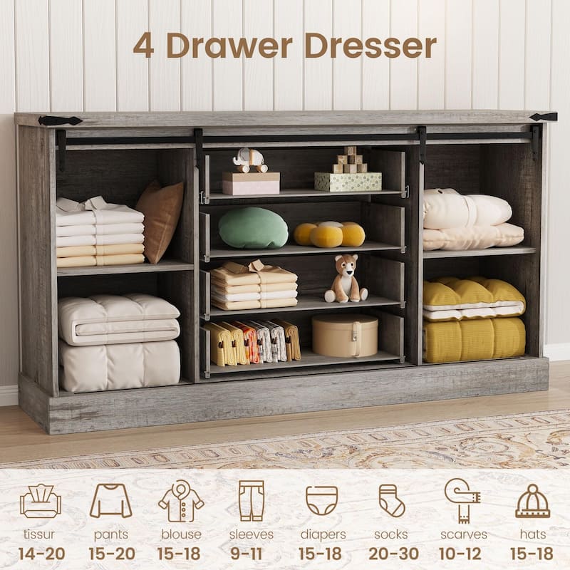 4-Drawers Dresser,with Sliding Barn Doors, 45"