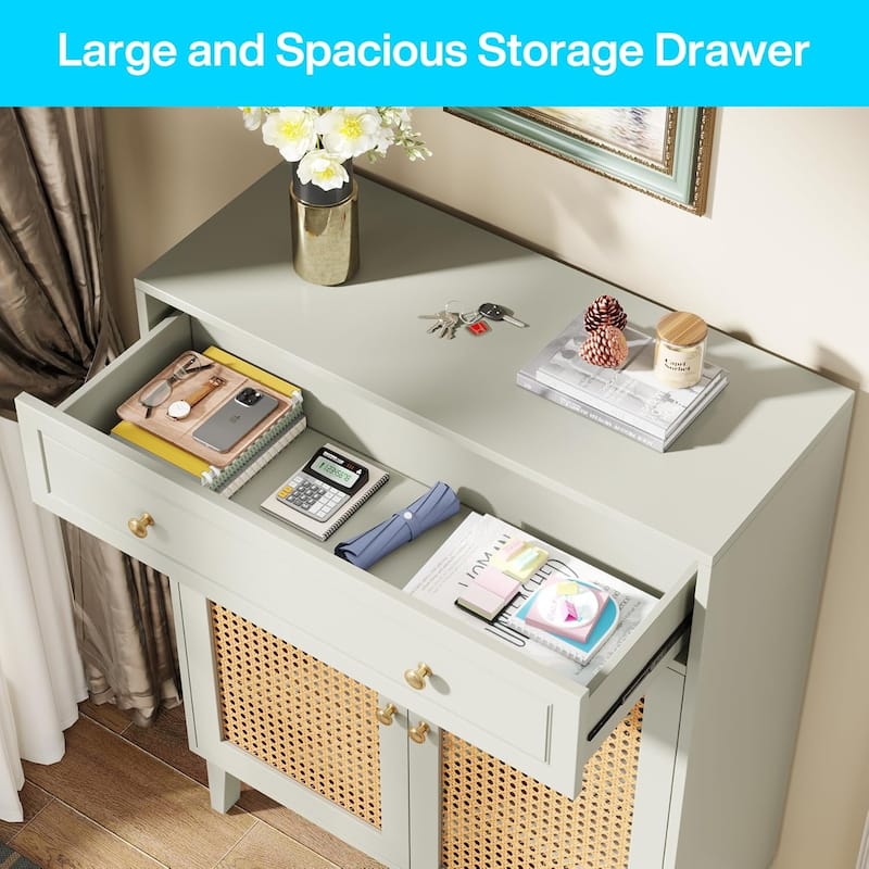 Shoe Cabinet with Doors and Drawer, Modern Rattan Shoe Storage Cabinet for Entryway, Mint Green