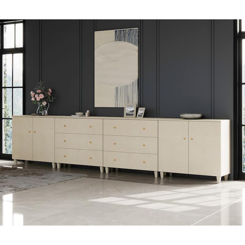 Wood Dresser with 6 Drawers and 2 Cabinets for Bedroom, 142" Wide